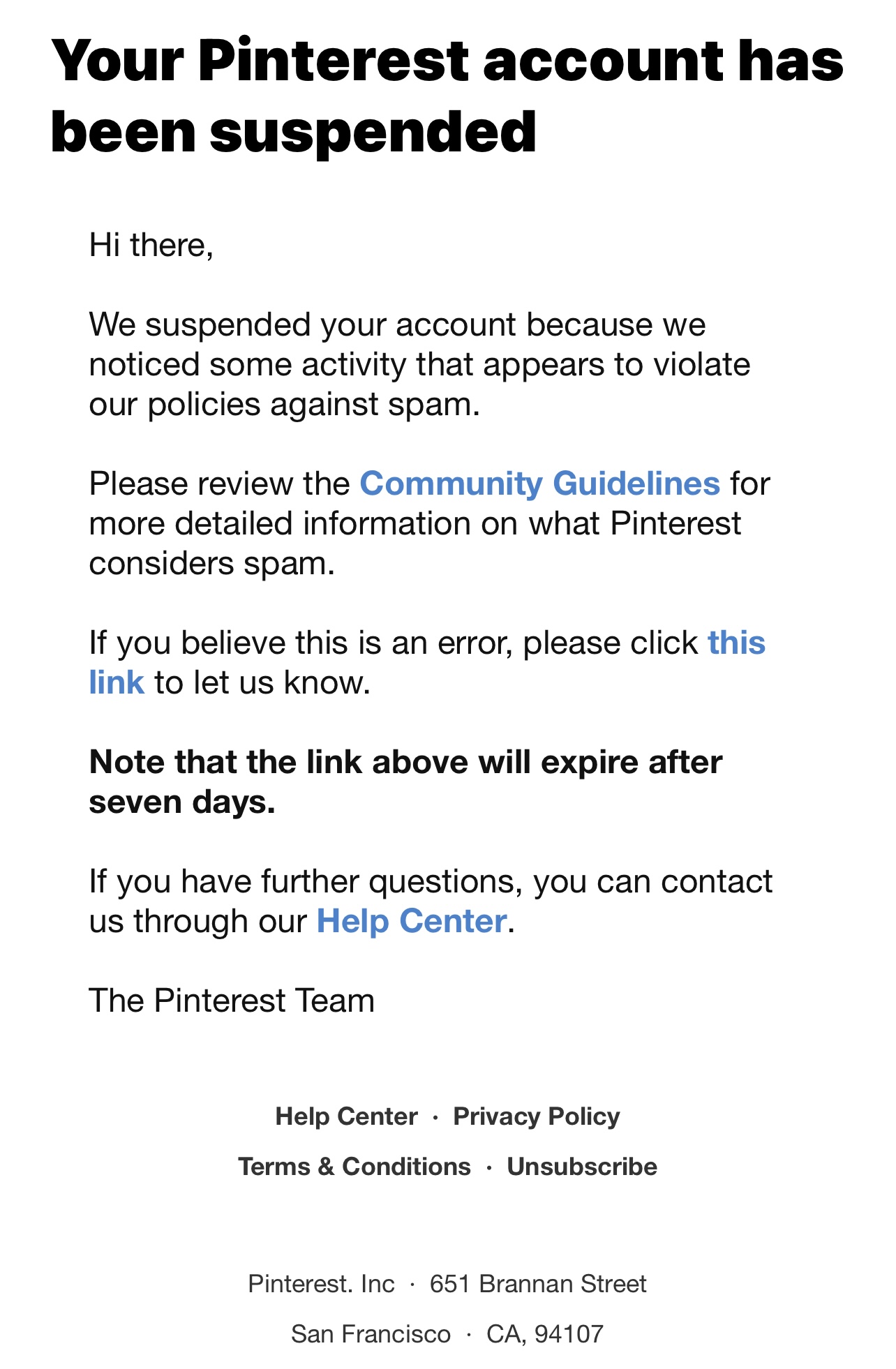 account suspended due to spam email by pimterest on 7-1-2021 by jen vazquez marketing coach