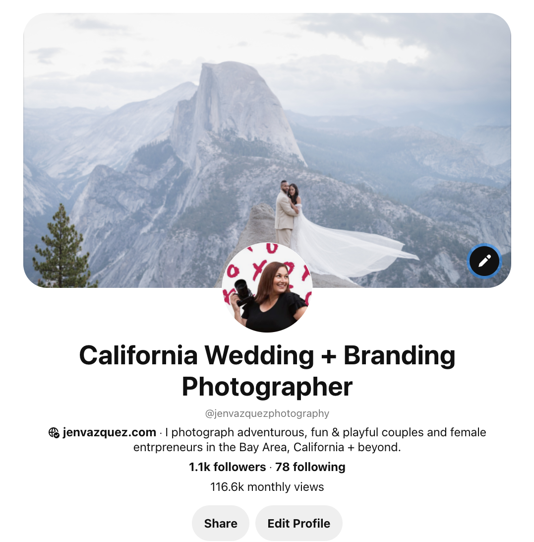 California Wedding + Branding Photographer Pinterest Profile for Jen Vazquez 2022-04-15 at 5.44.08 PM