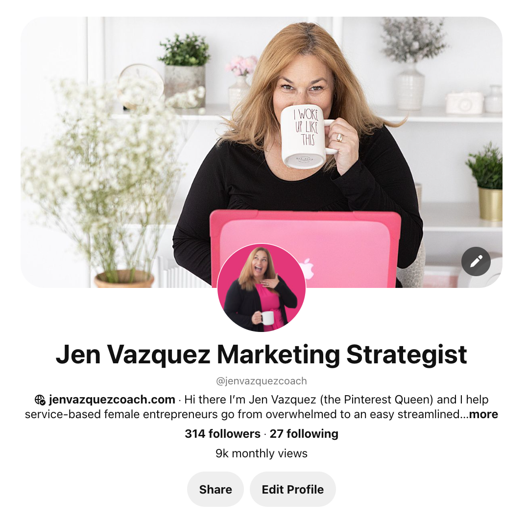 Jen Vazquez Pinterest Marketing Strategist Pinterest page