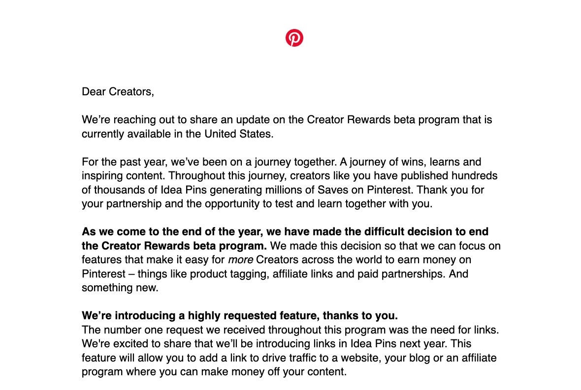 Email sent by Pinterest about the Creator Rewards ending and Idea Pins Getting links