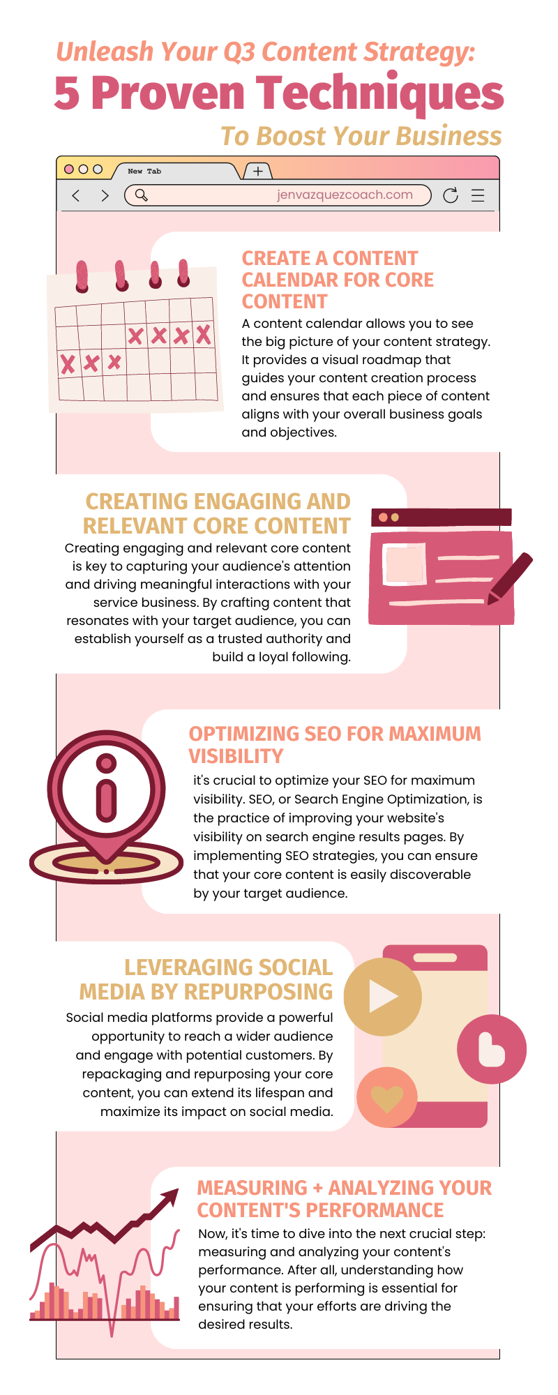 Q3 Content Strategy 5 Proven Techniques to Boost Your Service-Based Business info graphic by jen vazquez media