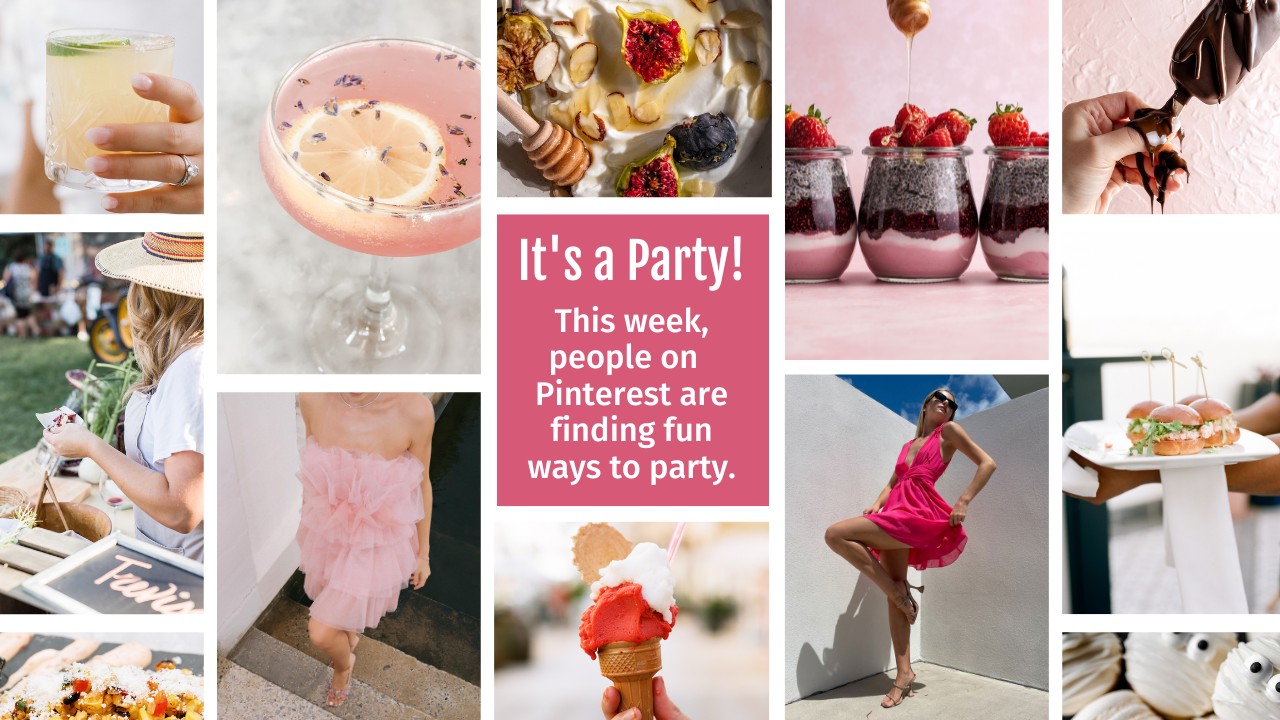Image with summer, food, drink, deserts, and party type images talking about what people are searching for on Pinterest this week.