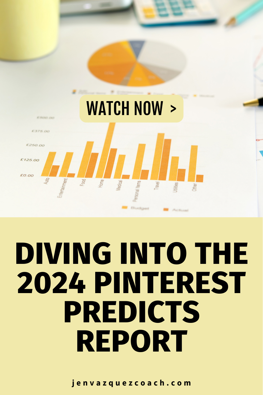 a pinterest pin graphic with writing, "Diving into the 2024 Pinterest Predicts Report by Jen Vazquez Media"