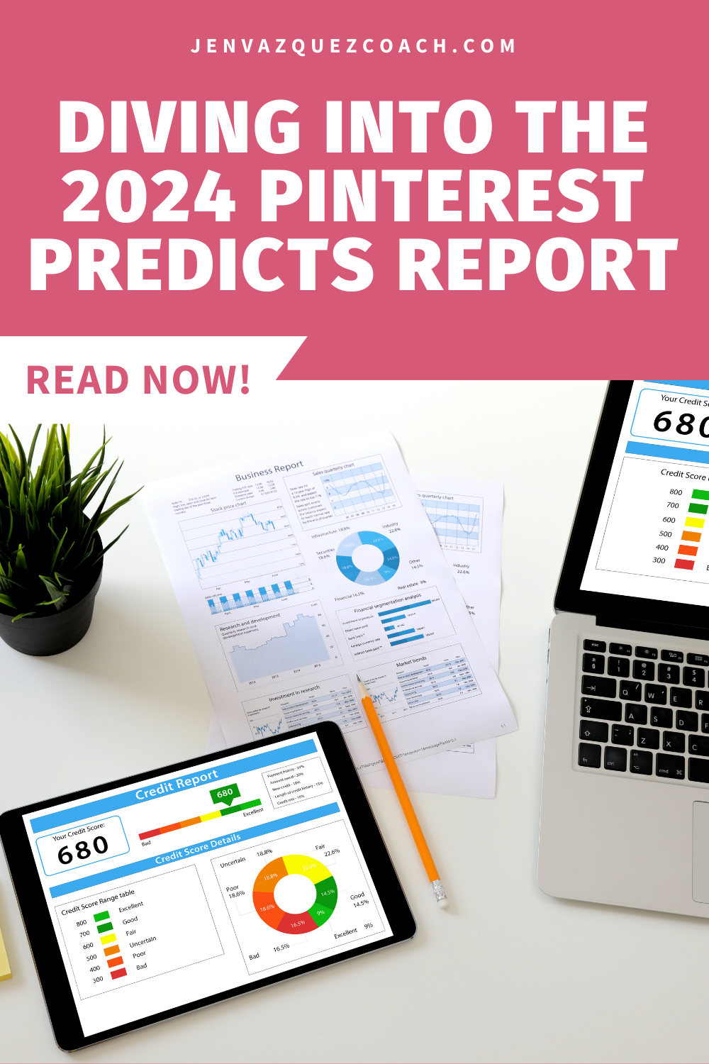 A pinterest pin graphic with writing "Diving into the 2024 Pinterest Predicts Report by Jen Vazquez Media"