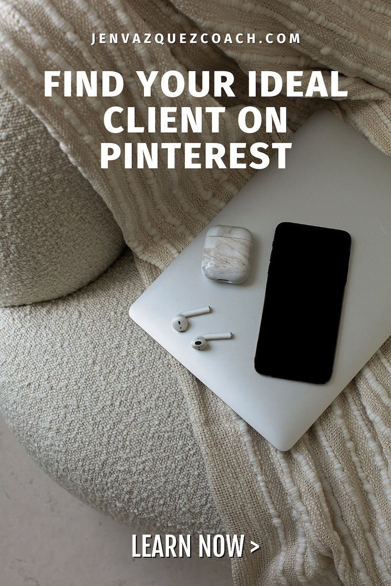 image of laptop and cell phone and ear buds on a cream couch with cream throw.  Find Your Ideal Client on Pinterest 