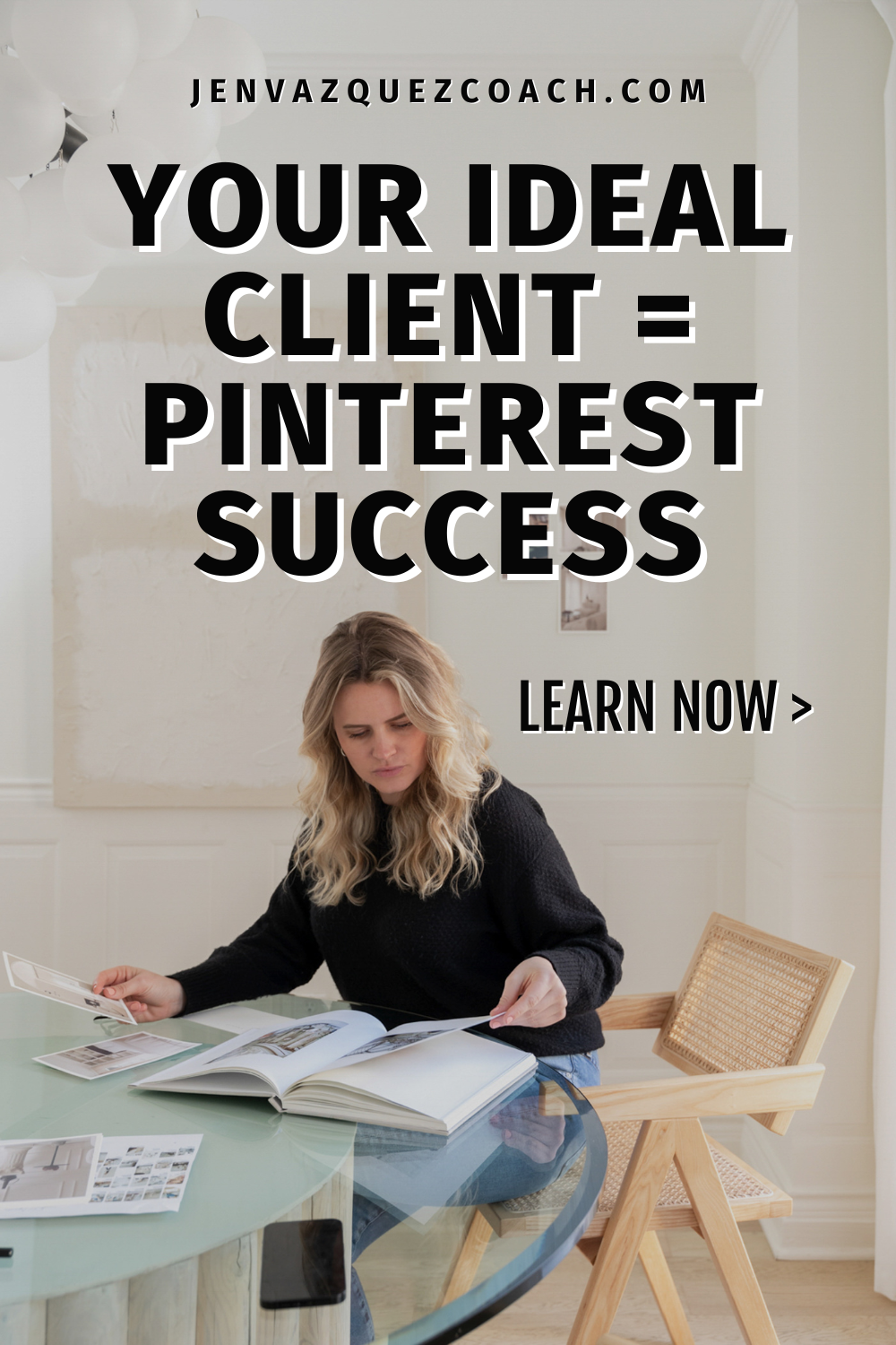 Women working at a kitchen table with blonde hair and a black sweater. Ideal client = Pinterest Success