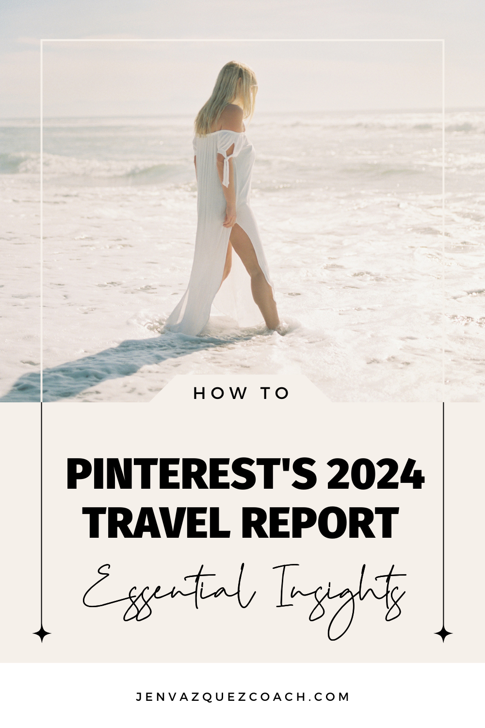 women walking on a beach in a white flowy dress and text 2024 Travel Trends on Pinterest Adventure, Wellness & More