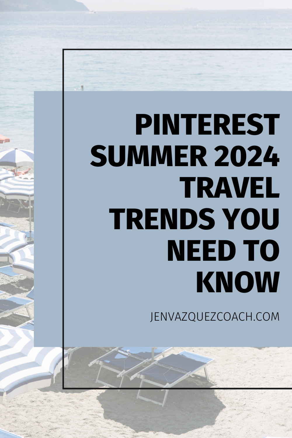image of blue and white umbrellas on a beach and text 2024 Travel Trends on Pinterest Adventure, Wellness & More