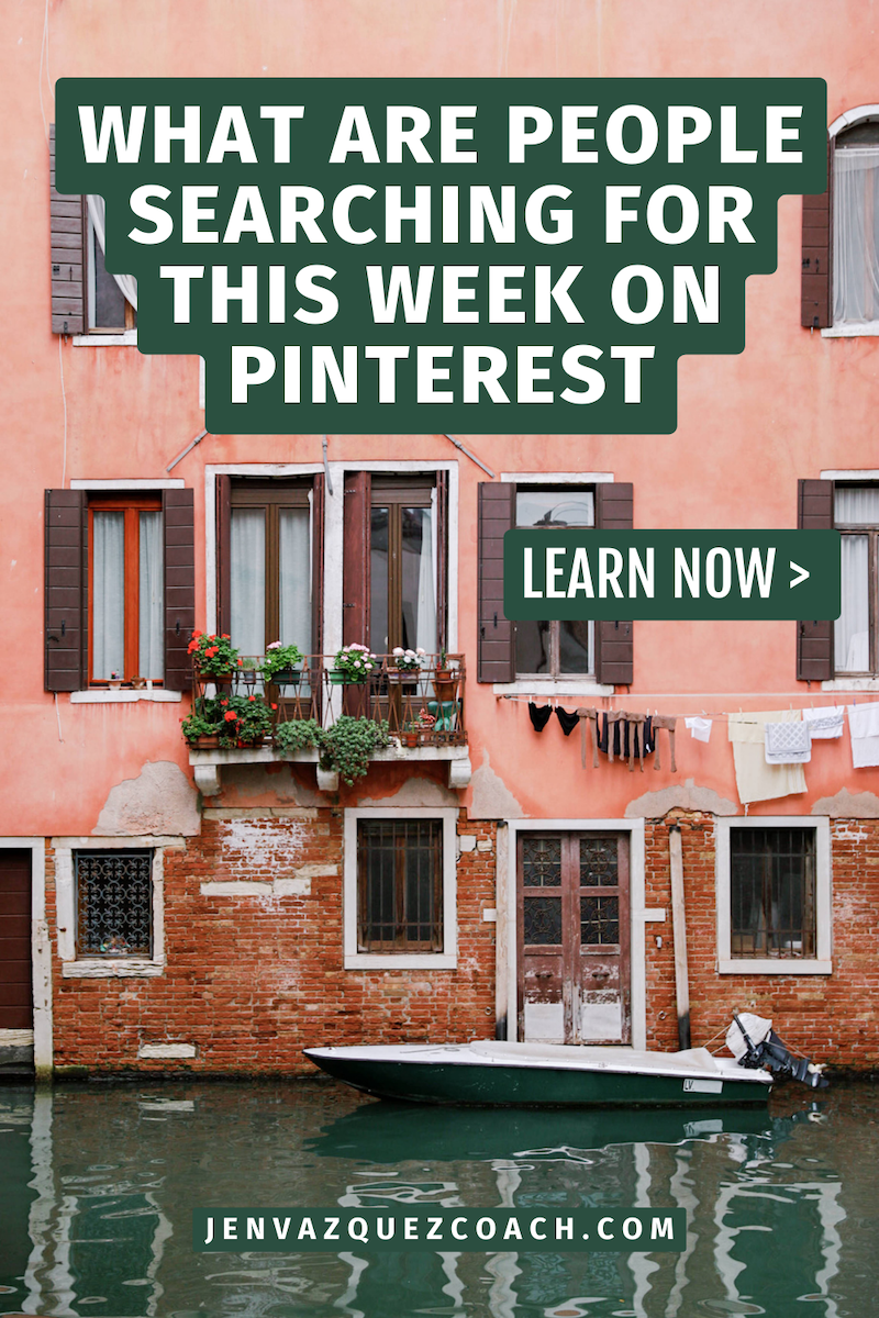 building in italy with a boat and the words: What Are People Searching For This Week on Pinterest by Jen Vazquez Media