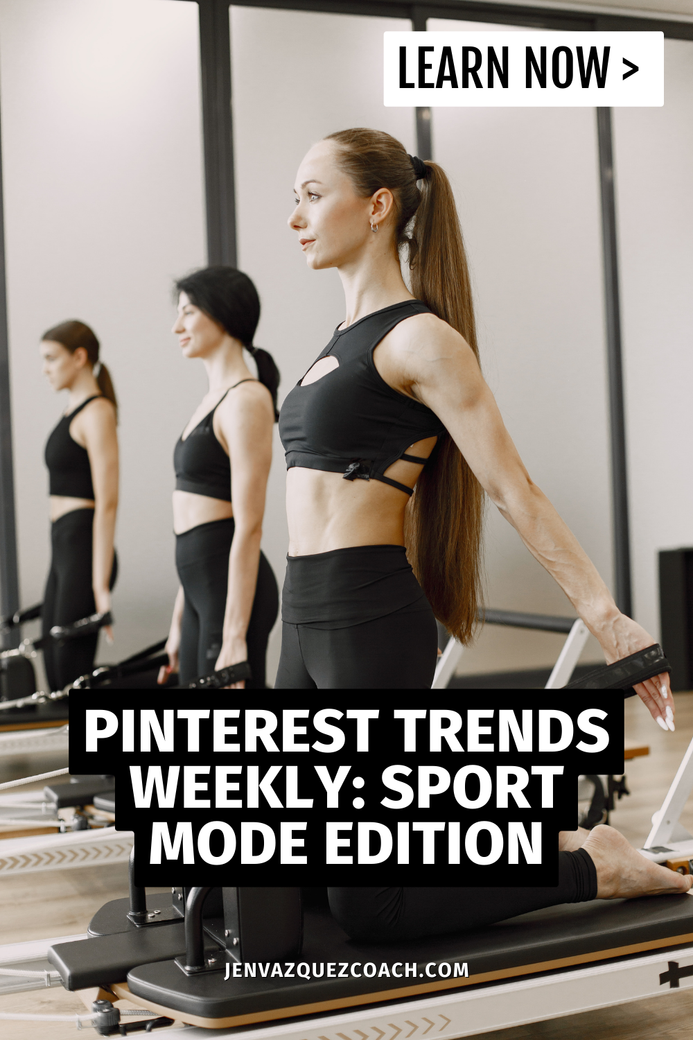 women in pilates with text Discover the Latest Pinterest Trends: Sport Mode Edition
