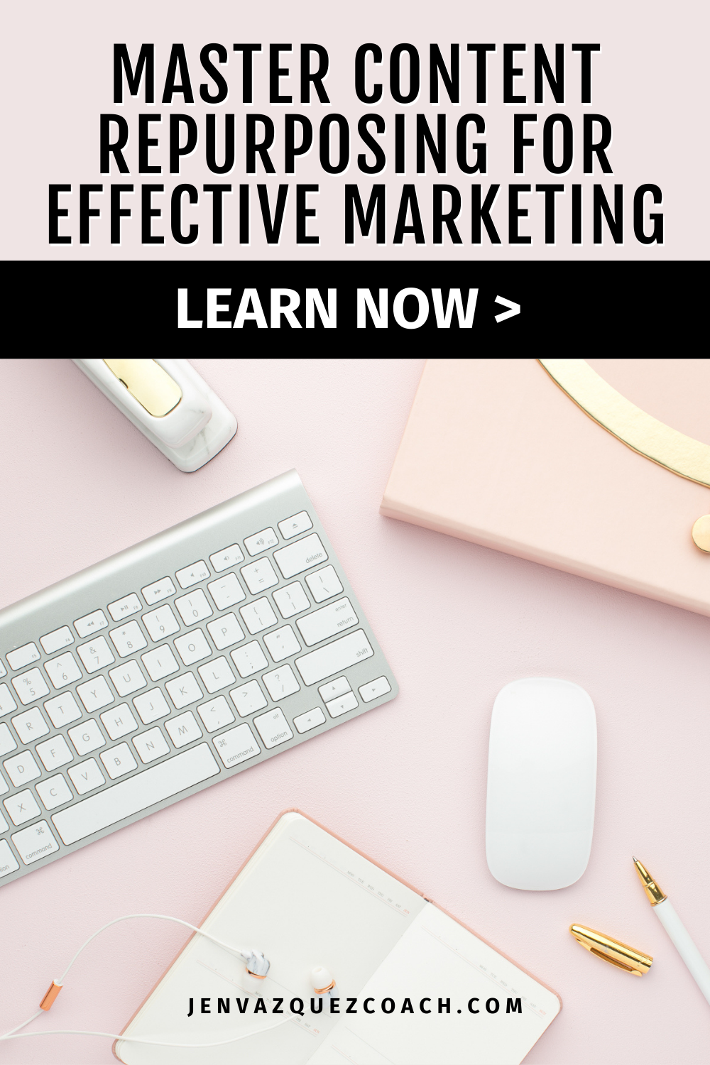 pink table with keyboard, mouse, notebook and words: Finding Focus: A Simple Strategy to Build a Consistent Marketing Plan by Jen Vazquez Media 