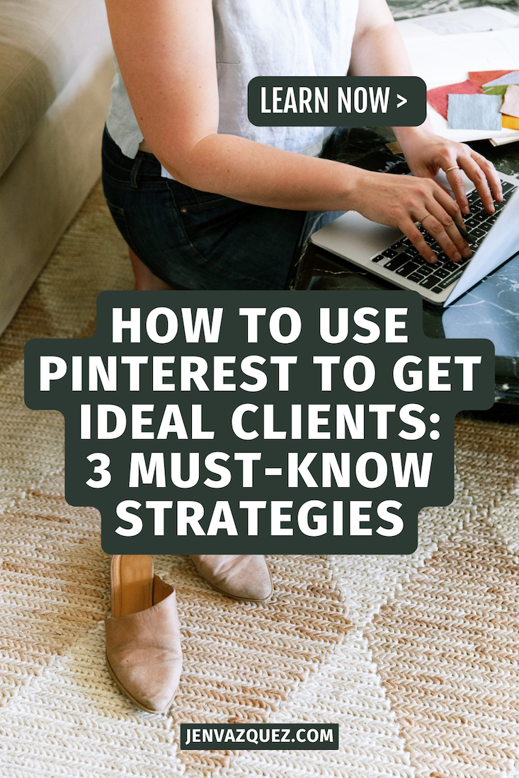 women typing on a laptop sitting on the floor with her shoes off and laying on the floor and writing: How to Use Pinterest to Get Ideal Clients_ 3 Must-Know Strategies by Jen Vazquez Media