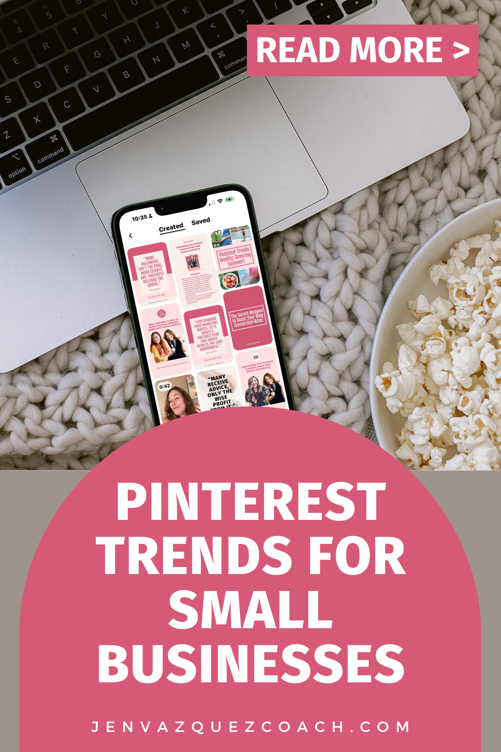 A smartphone showing Pinterest boards sits on a cozy knitted surface near a laptop and a bowl of popcorn. Text overlay: “Pinterest Trends for Small Businesses.” by Jen Vazquez Media