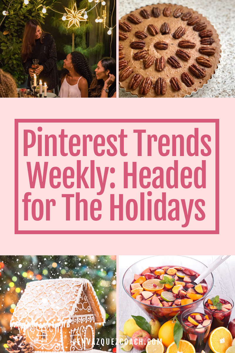 Pinterest Trends Weekly_ Headed for The Holidays What’s trending now on Pinterest? Headed for The Holidays! This week on Pinterest, searches for holiday spreads, gifts, and styles are trending across the platform. Key trends 5x increase in “friendmas party ideas” 4x increase in “christmas movie list” 17x increase in “pecan pie cake” 3x increase in “thanksgiving punch non alcoholic” 2.5x increase in “gingerbread house” 4x increase in “bows on christmas tree” By Jen Vazquez Media