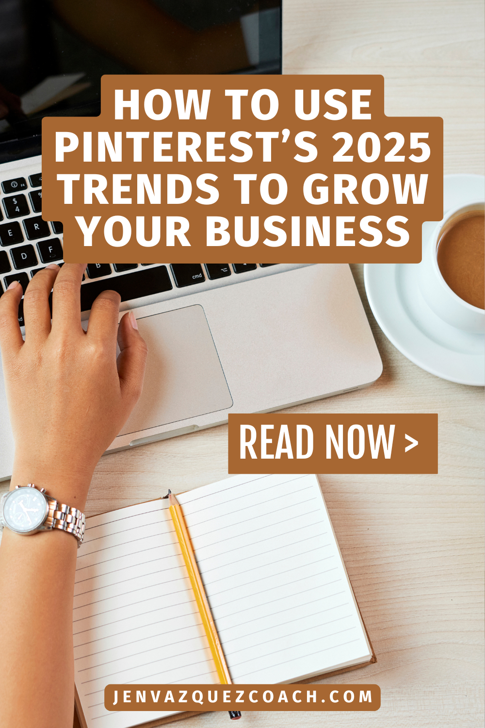 Pinterest pin with words: How to Use Pinterest’s 2025 Trends to Grow Your Business by Jen Vazquez Media<br />
