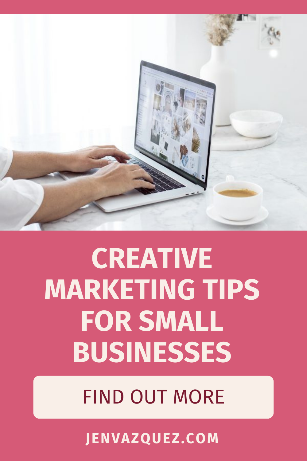 Pinterest pin with text: Creative Marketing Tips for Small Businesses on the Marketing Duo Podcast with hosts Cinthia Pacheco of Digital Bloom IQ and Jen Vazquez of Jen Vazquez Media