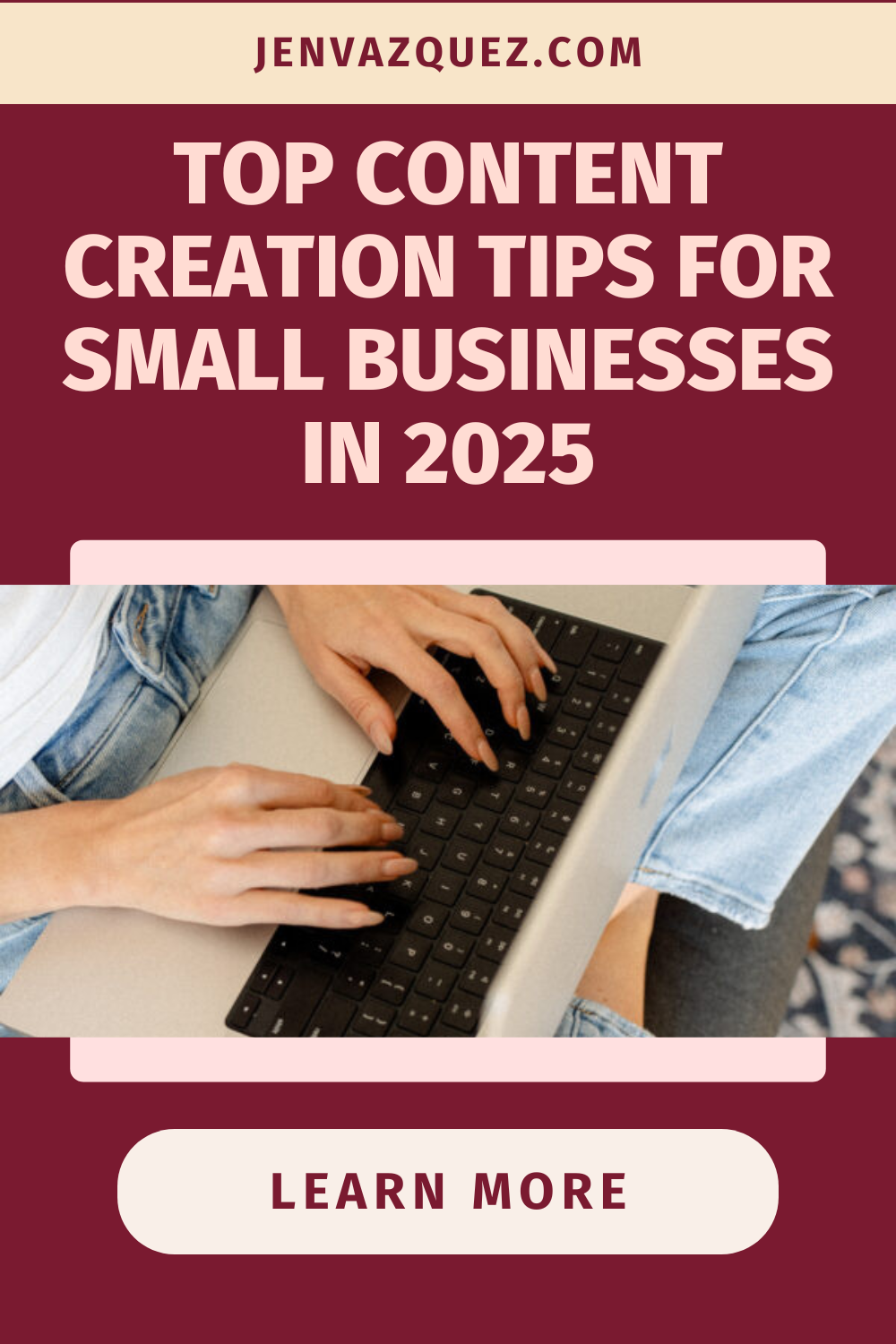 Pinterest pin with text: Top Content Creation Tips for Small Businesses in 2025 on the Marketing Duo Podcast with hosts Cinthia Pacheco of Digital Bloom IQ and Jen Vazquez of Jen Vazquez Media